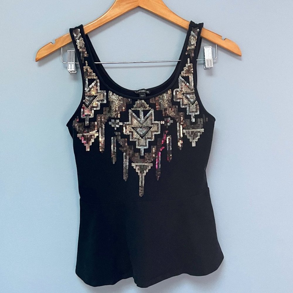 Express Aztec Sequin Print Black Tank Size Small